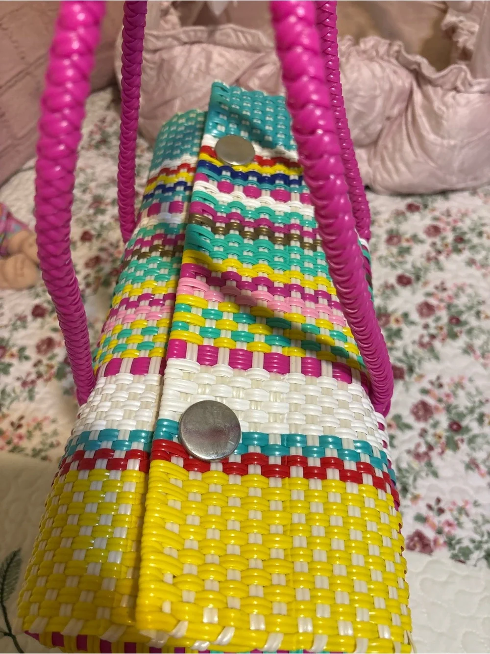Handwoven Multicolor Tote Bag with Pink Handles